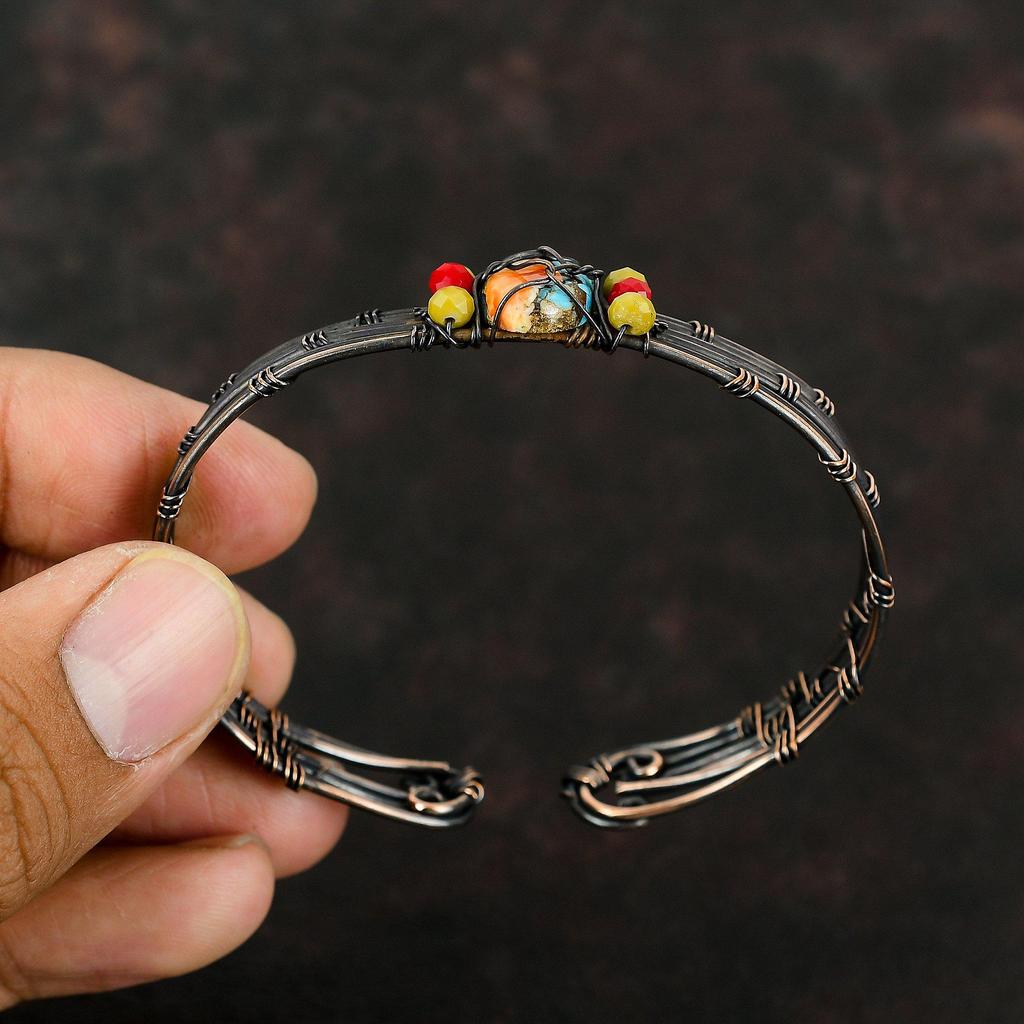 Колючая устрица, медная бирюзовая манжета, желтые и красные коралловые бусины, браслет из медной проволоки, ювелирные изделия, регулируемая манжета, браслет из драгоценных камней, манжета ручной работы