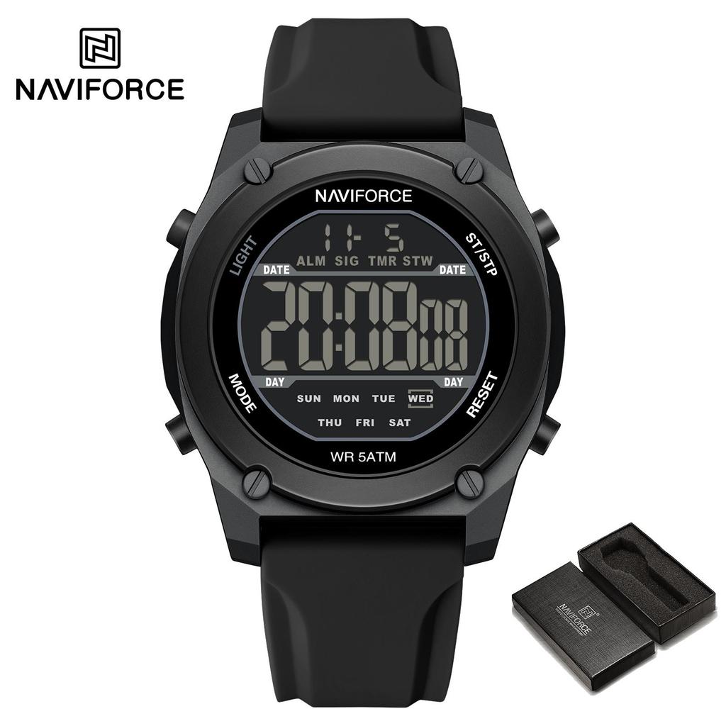 Naviforce Оригинальные мужские цифровые часы с ЖК-дисплеем, дата, календарь, секундомер, будильник, силиконовый ремешок, ночной узор, водонепроницаемые мужские часы NF7134