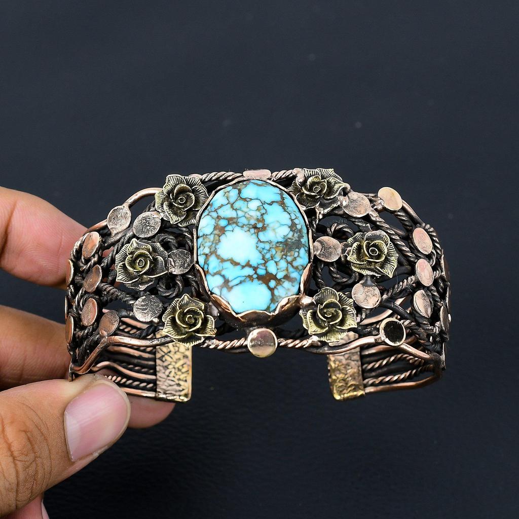 Тибетский бирюзовый драгоценный камень, чистая медная проволока, завернутая в манжеты/браслет ручной работы, регулируемые ювелирные изделия