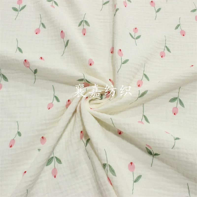 135x50cm Double-Layer Cotton Gauze Crepe Floral Sewing Cloth, for Baby Clothing Home Wear Bedding Shell Fabric