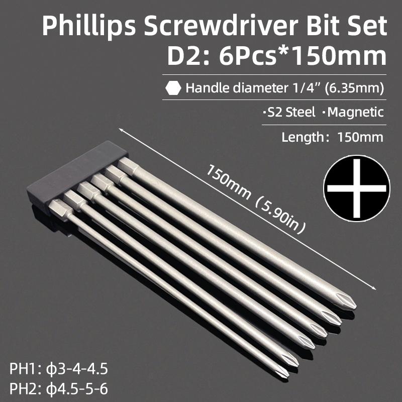 Набор бит для крестообразной отвертки, магнитные отвертки PH00 PH1 PH2 S2, легированная сталь, шестигранный хвостовик 1/4", ручной инструмент 50/75/100/150 мм