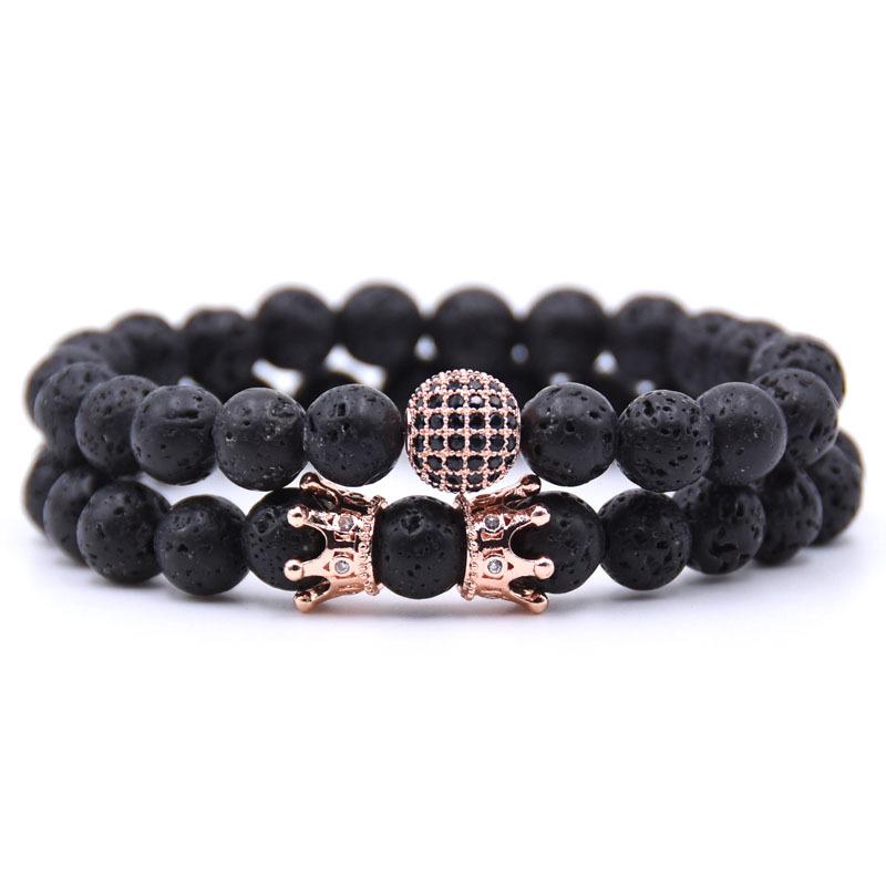 Newest Selling 2PCS Beads Natural Lava Stone Bracelets for Women Micro Pave Cz Ball Charms Bracelet Jewelry
