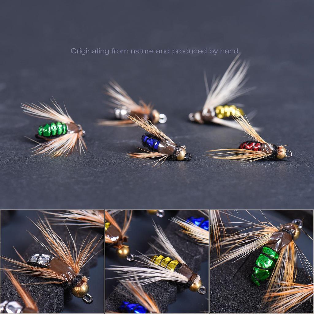 50 шт./кор., 5 цветов, ручная бионика, мушки для ловли нахлыстом для ручной ловли форели, окуня с натуральными перьями, ассортимент для ловли нахлыстом