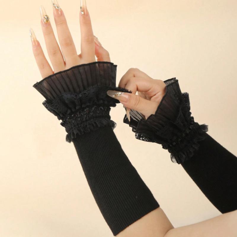 Girls Elastic Fingerless Arm Warm Gloves Double-layer Floral Lace Knitted Fake Sleeves Lolita Cuffs Decorative Accessory