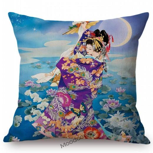 Ancient Japanese Traditional Geisha Oil Painting Art Home Decorative Sofa Throw Pillow Case Beautiful Girl Linen Cushion Cover