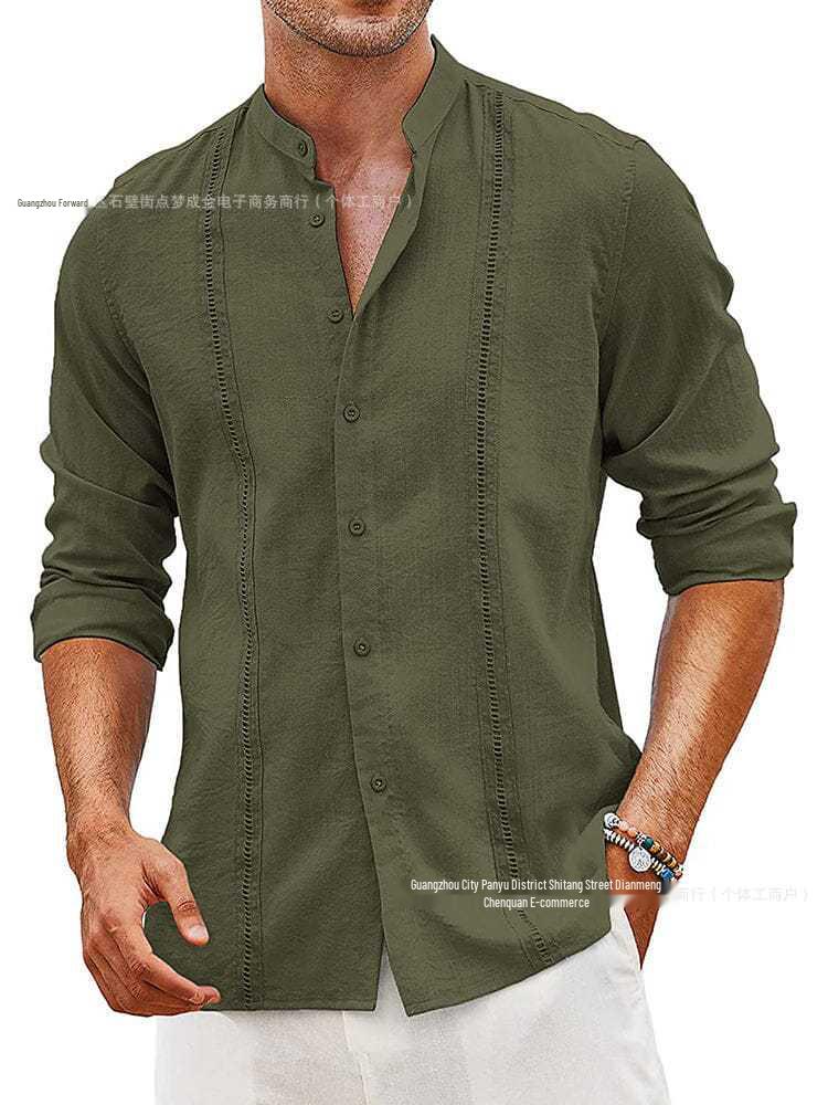 Men's Casual Cotton Linen Stand Collar Shirt - European & American Style for Summer Beach Vacation 2026