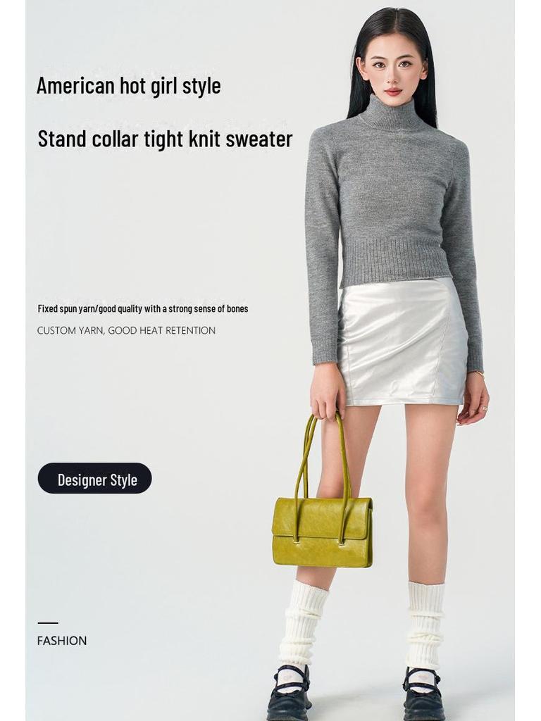 Women's Short Slim-Fit Gray Wool Turtleneck Sweater - Elegant Autumn/Winter Knitwear