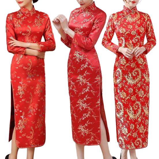 Женское классическое китайское платье в китайском стиле с винтажным цветочным принтом и воротником-стойкой с длинным рукавом и разрезом по щиколотку, платье макси Qipao Cheongsam