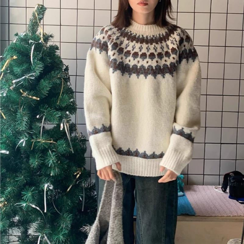 1011 autumn and winter new jacquard retro soft waxy loose casual pullover sweater women's lazy wind contrasting color knitted fir tide