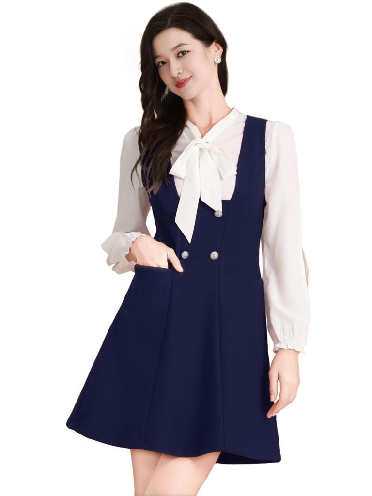 Allegra K Suspender Dress, A-Line Overalls Dress, Double-Breasted, Women's, Deep Blue, XL