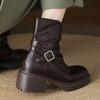 Микрофибра Зимние Круглый Носок Современная Платформа Размер 33 Ботинки Размер 43 Толстая Подошва Металлическая Пряжка Плиссированные Женские Ботильоны