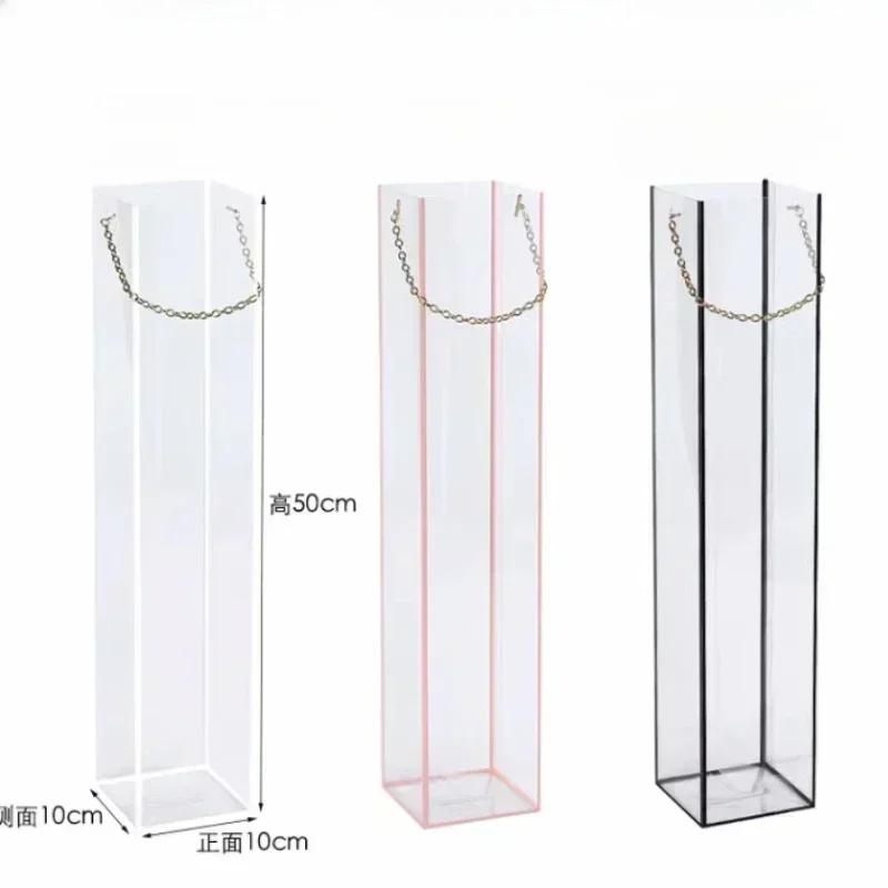 5 шт. Прозрачный пластиковый пакет для упаковки цветов Белые пакеты с ручкой из металлической цепочки Подарочная коробка Цветочная сумка Свадебное украшение
