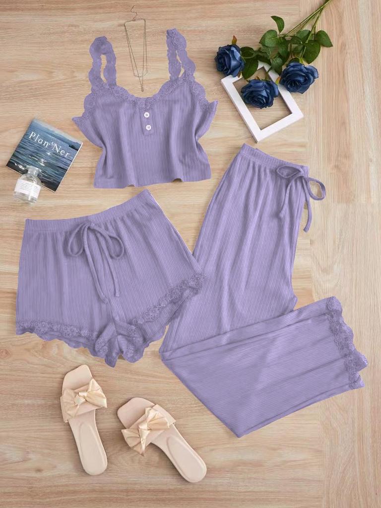 Популярный женский кружевной пижамный комплект: Комплект из трех предметов: шорты, длинные брюки и майка – Сексуальная домашняя одежда