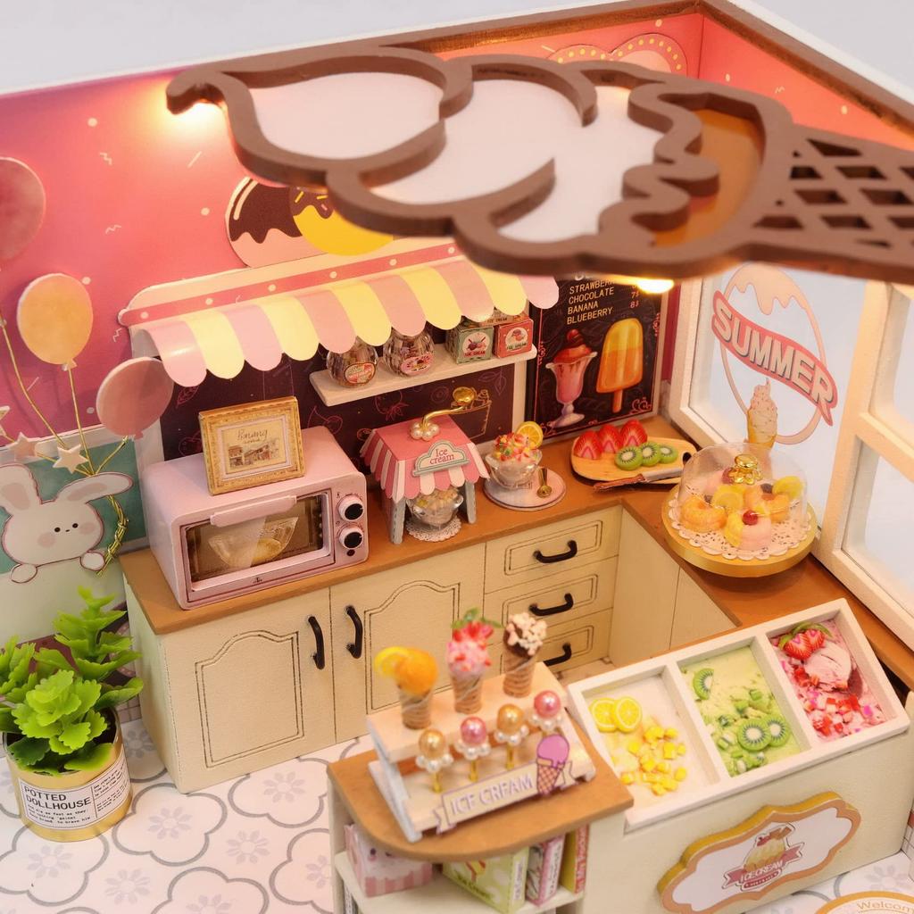 CUTEROOM Dollhouse Kit, Miniature Handmade Set, Beginner's DIY Wooden Dollhouse Toy with Dustproof Cover and LED Light (H023)