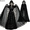 Unisex Sheer Mesh Spider Bat Print Hooded Witch Cloak Double-layered Creative Cape Halloween Masquerade Party Cosplay Costumes