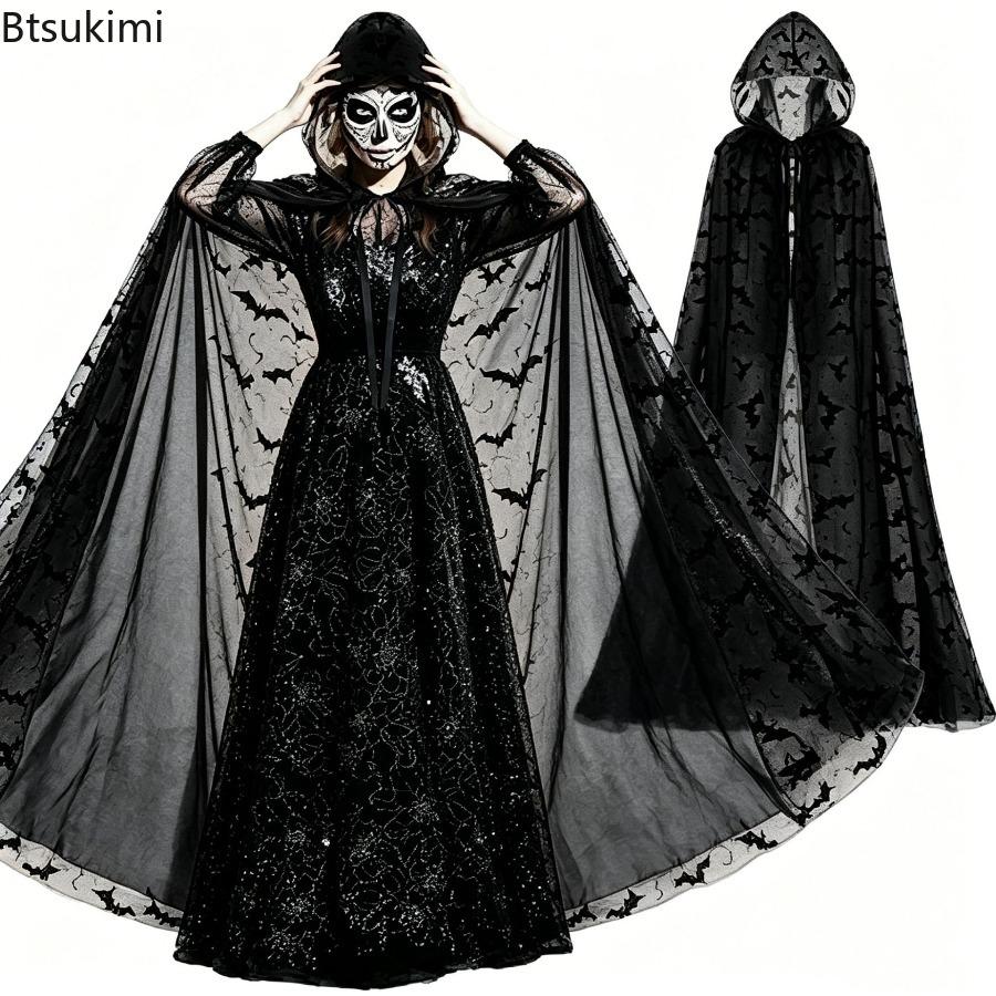 Unisex Sheer Mesh Spider Bat Print Hooded Witch Cloak Double-layered Creative Cape Halloween Masquerade Party Cosplay Costumes