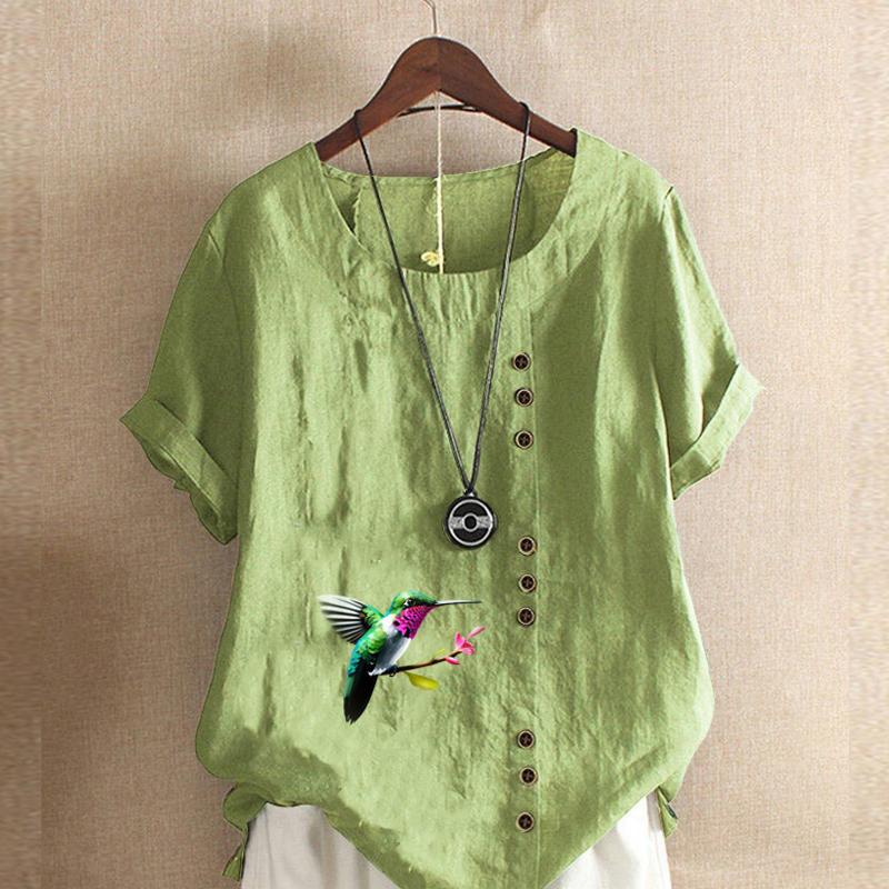 Women's Fashion Round Neck Short Sleeve T-shirt Casual Cotton Linen Graphic Shirt Bird Prined Summer Blouse Tops Plus Size