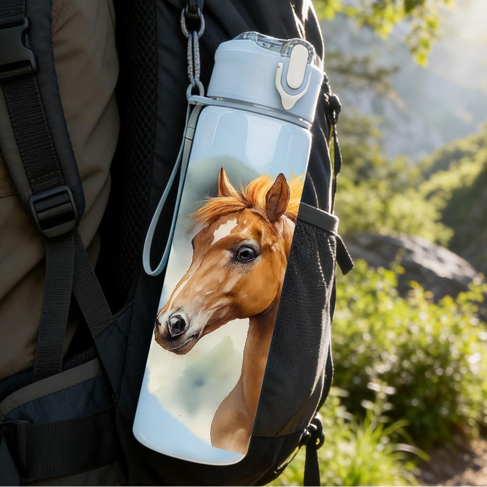 1PC Chestnut Brown Horse Head Print 750ml Color Plastic Sports Water Bottle Leakproof Flip Straw Lid Suitable for Sports Office Home Use