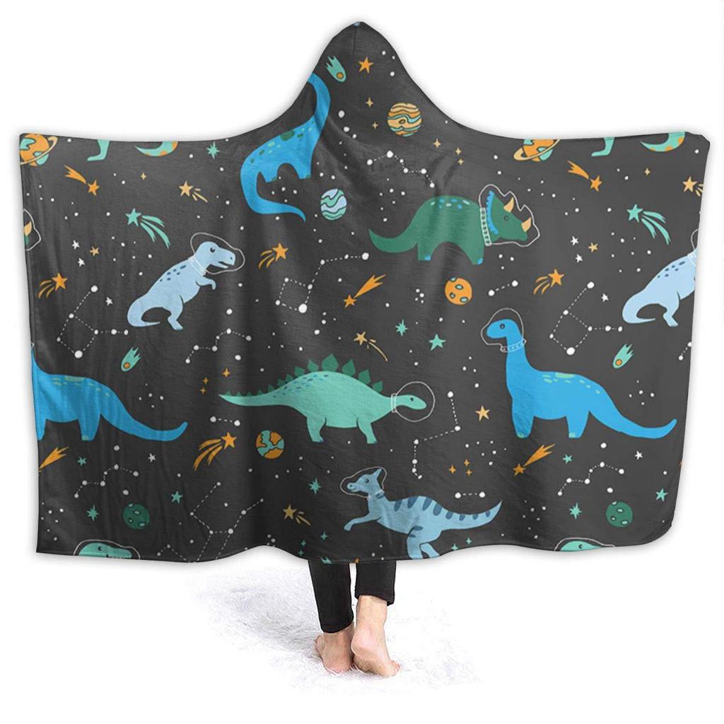 Dinosaur Theme Print Pattern Soft Flannel Thermal Hooded Blanket Home Outdoor Office Essential Blanket