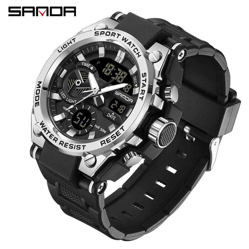 Спортивные часы SANDA G-style для мужчин 50M Водонепроницаемые LED Часы Будильник Двойной дисплей Кварцевые Наручные часы Военные Устойчивые Мужские Часы
