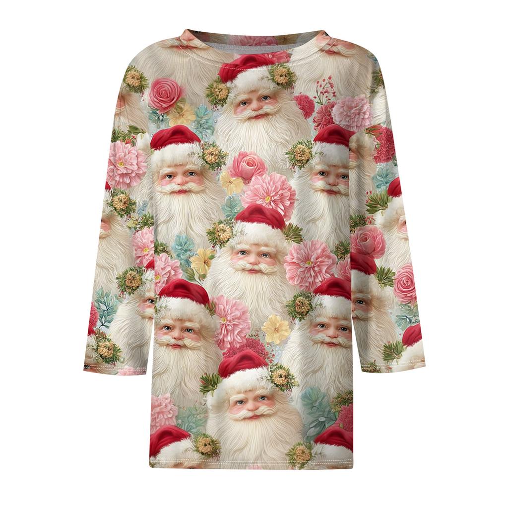Женская Мода Повседневный Рукав Три Четверти Рождественский Принт Горловина Топ