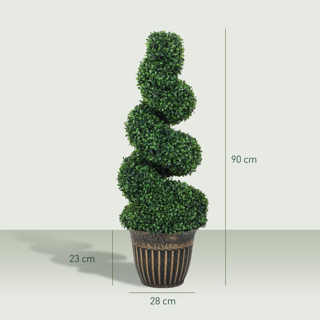 Set of 2 Artificial Plants, Topiary Spiral Boxwood Trees with Pot, for Home Indoor Outdoor Decor, 90cm
