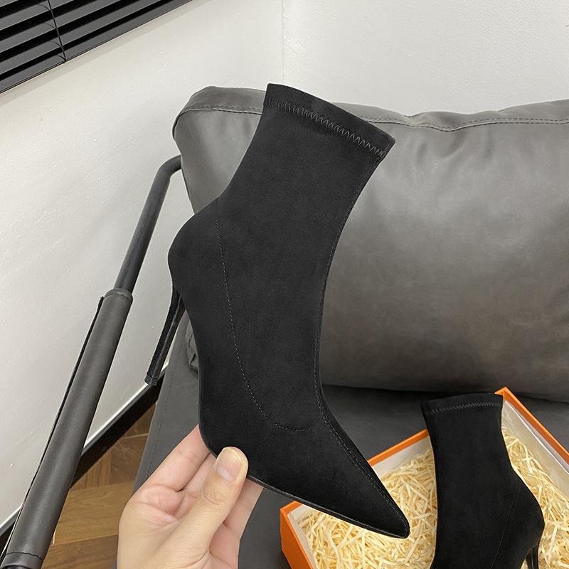 Autumn and winter high-heeled short boots women's elastic thin boots thin heel pointed short tube apricot single boots