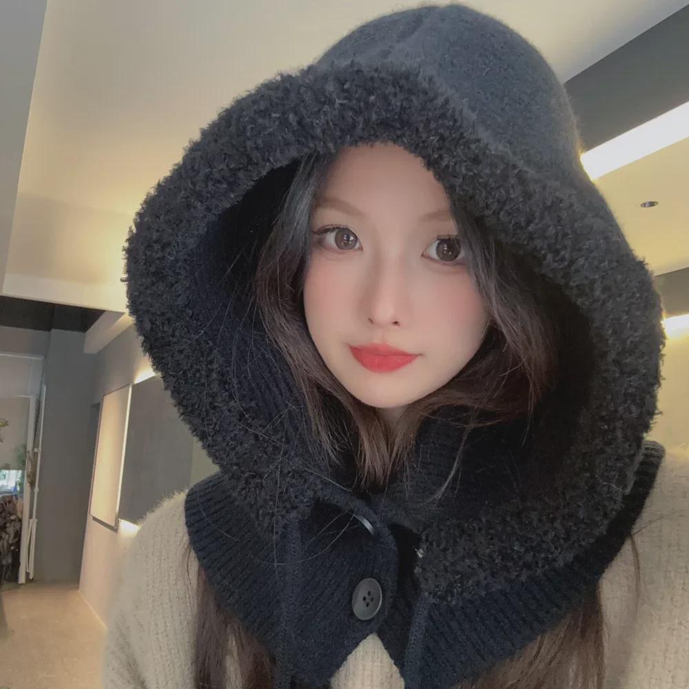 Women's Solid Color Wool Balaclava - Warm Korean Pullover Neck Protection Hat for Autumn and Winter