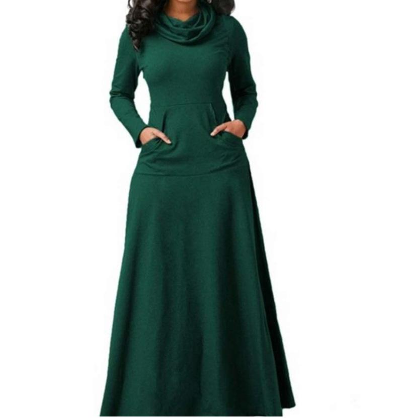 2022 Autumn/Winter Solid Color Patchwork Pocket Long Dress