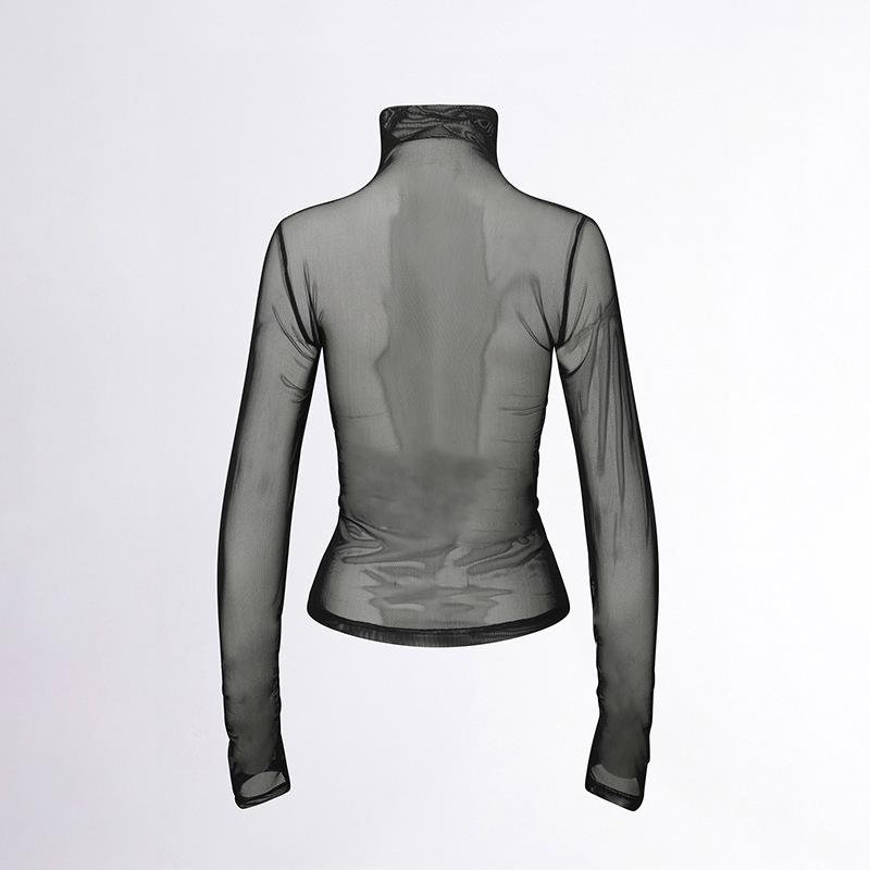 Женская прозрачная однотонная футболка с высоким воротником и длинным рукавомadika Q24TP607