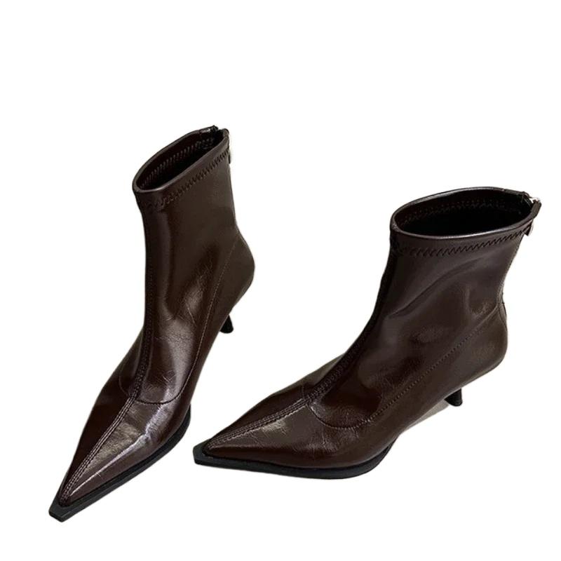 Pointed Toe Solid Women's Boots Zipper High Heels Ladies Shoes 2024 High Quality Autumn Short Barrel Versatile Women's Boots