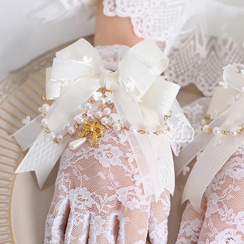 Lolita Gothic Lace Wrist Gloves Women Harajuku Style Bowknot Bead Chain Pendant JK Gloves Bridal Wedding Party Glove Accessories