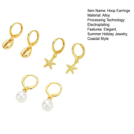 3 пары женских сережек-обручей в прибрежном стиле со звездой, ракушкой, подвесками из искусственного жемчуга, серьги-обручи с подвесками, летние пляжные серьги для отпуска, на каждый день