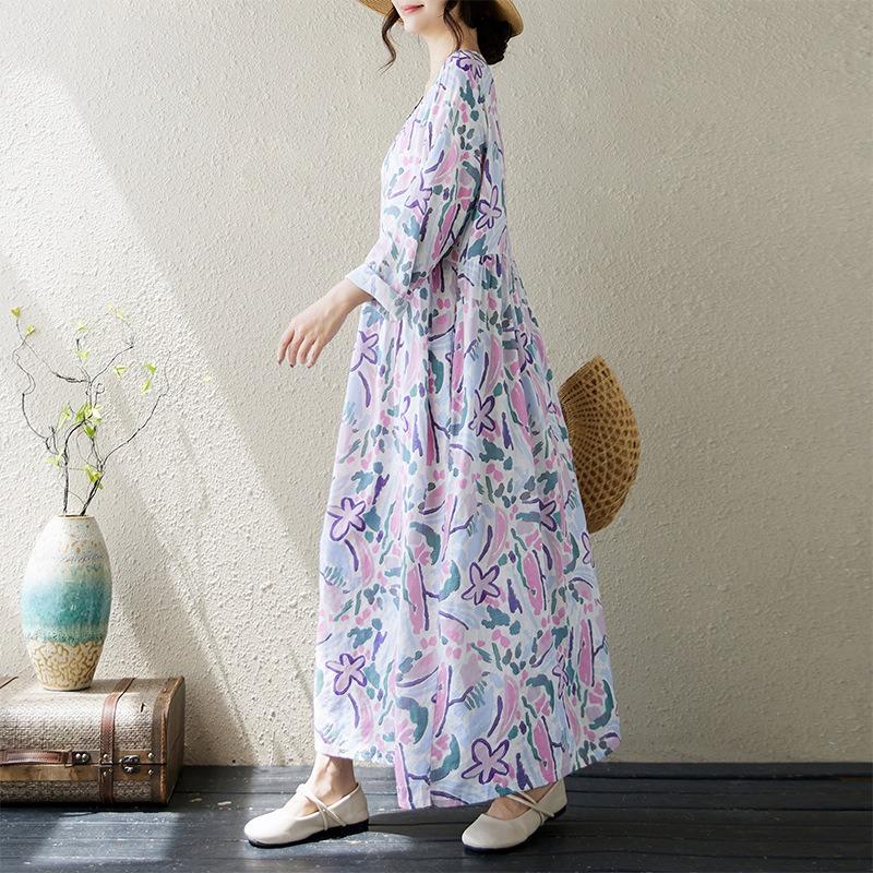 Осеннее литературное платье больших размеров из хлопка и льна с принтом, круглым вырезом и длинными рукавами для женщин, платья