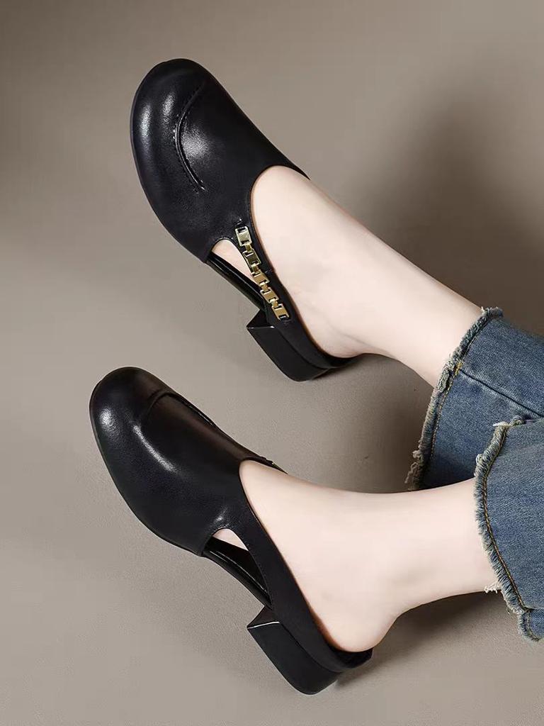 Мягкая кожаная сумка голова полутапочки женские 2025 лето новые 3 см толстый каблук нескользящие универсальные модные с круглым носком средний каблук тапочки