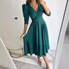Лето 2025 Однотонное платье-свинг с V-образным вырезом, завязкой на талии и рукавами-буфами для работы