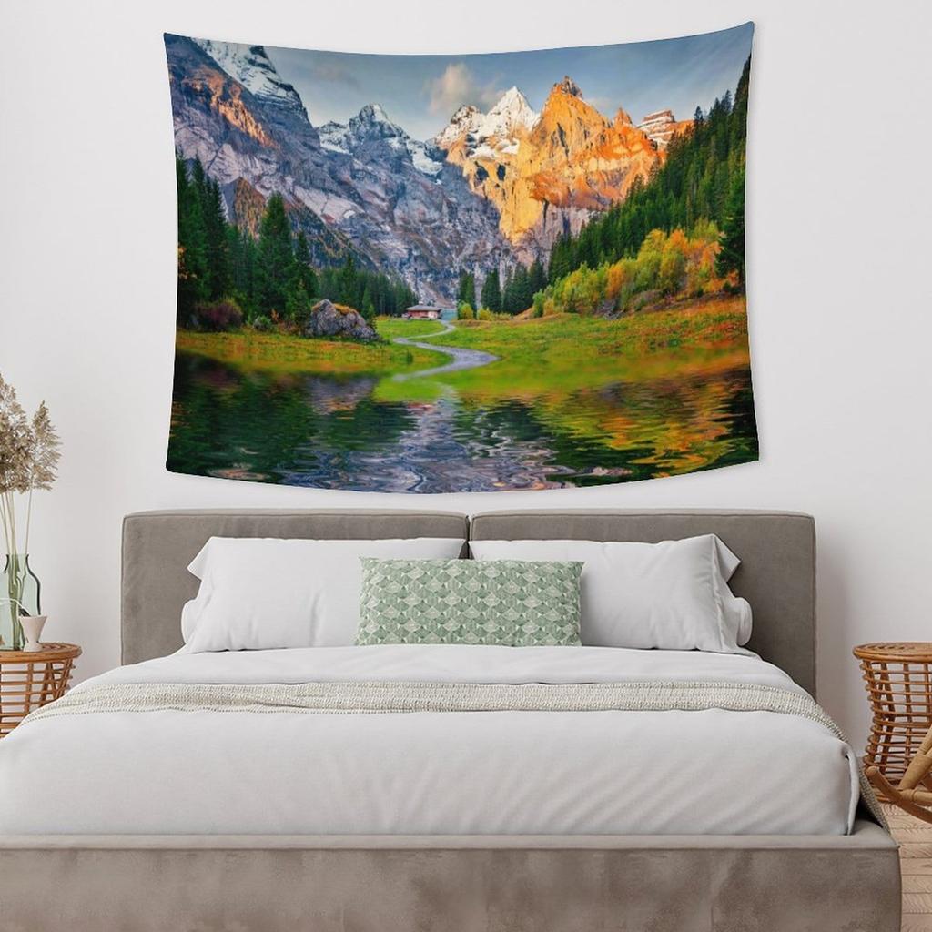 Snow Mountain Tapestry Wall Hanging Autumn Forest Lake Tapestry Nature Landscape Wall Art Tapestry Home Wall Decor Autumn in Swiss Alps