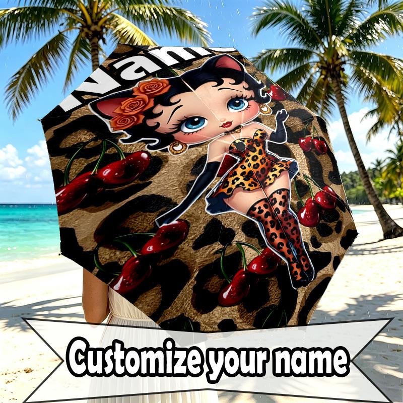 Custom Name Personalized Betty Boop Print Umbrella, Auto Open Close, 8‑Rib Sturdy Frame, Commute Camping Hiking Use, Birthday Gift