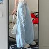 Vintage High Waist Loose Slim Sky Blue Versatile Wide Leg Floor Jeans for Women Summer