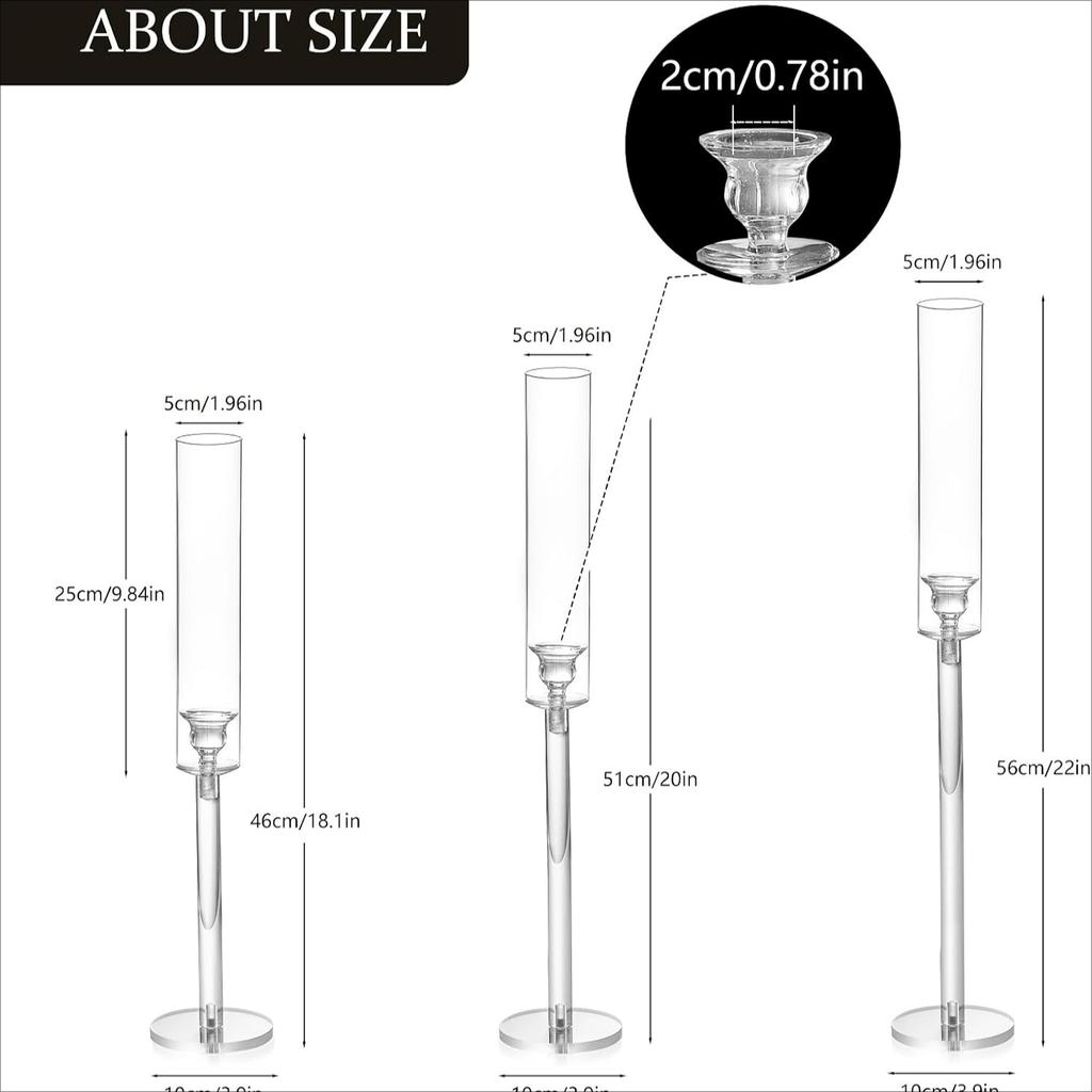 Taper Candlestick Holders for Table Centerpiece, 3Pcs Acrylic Candle Holder for Taper Candles, Clear Hurricane Candle Holder