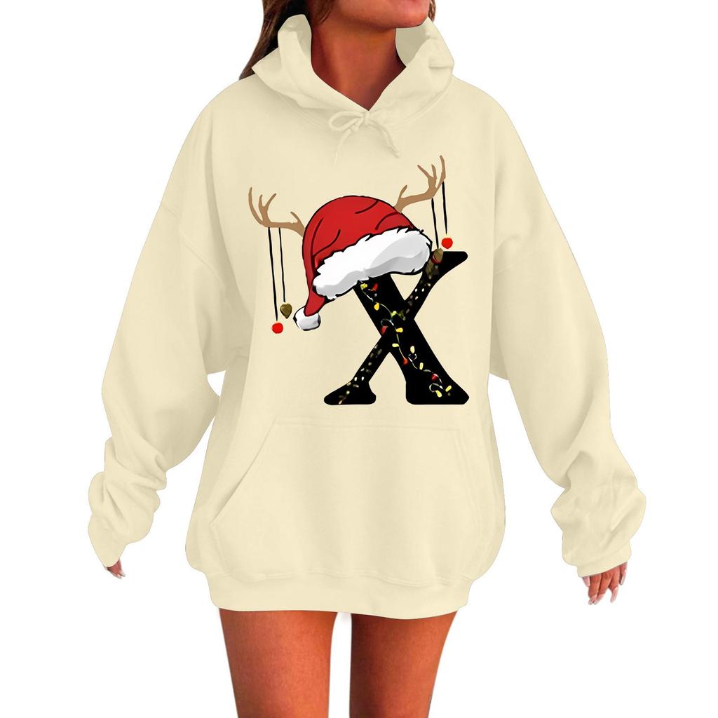 Ladies Fashion Casual Long Sleeve Printed Round Neck Hoodie Pullover Top With Pockets