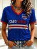 Cabo Verde Womens V Neck Football Shirt 2026 Tribal Stripe Panel Print Casual Short Sleeve Summer Top Heritage Style Island Wear