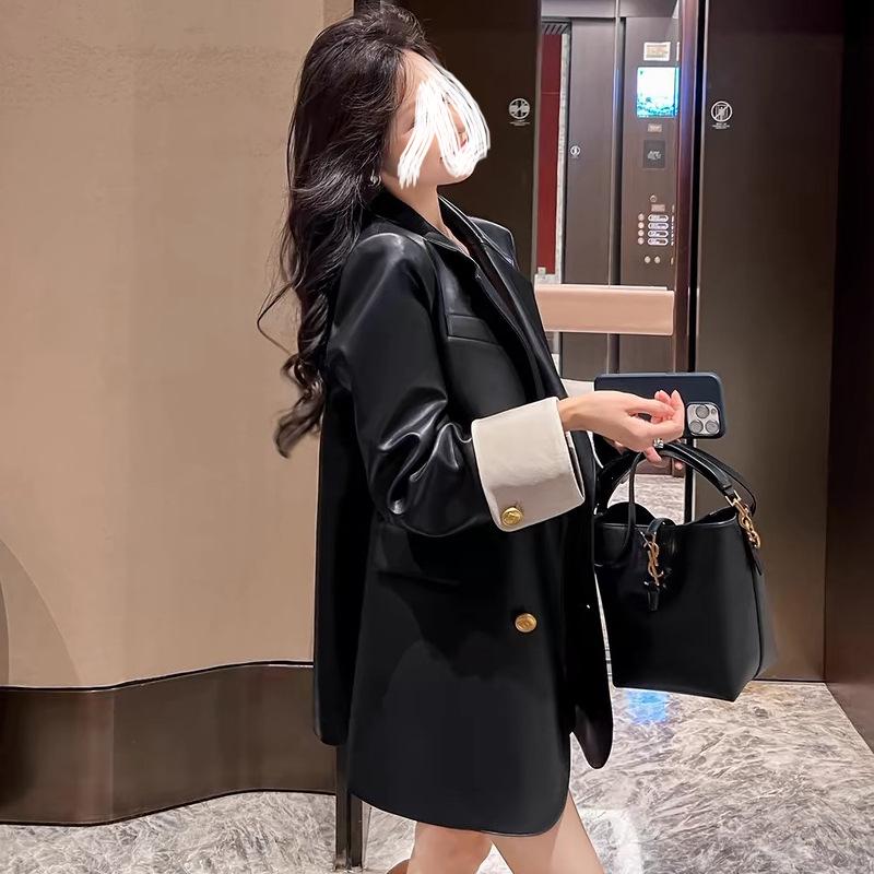 2024 Высококачественный женский пиджак большого размера из искусственной кожи с металлическими пуговицами