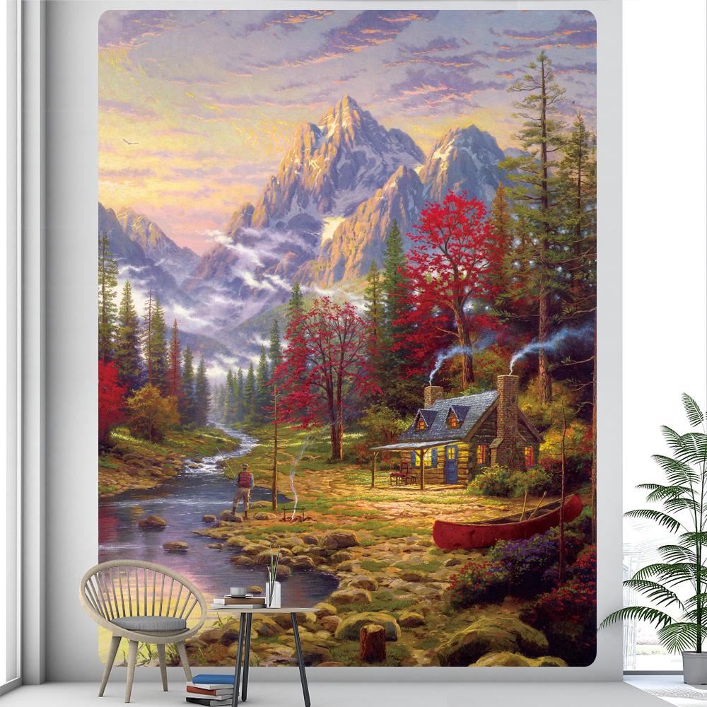 Home Decoration Christmas Snow Scene Oil Painting Printing Tapestry Hippie Bohemian Psychedelic Scene Wall Decor Backdrop Cloth