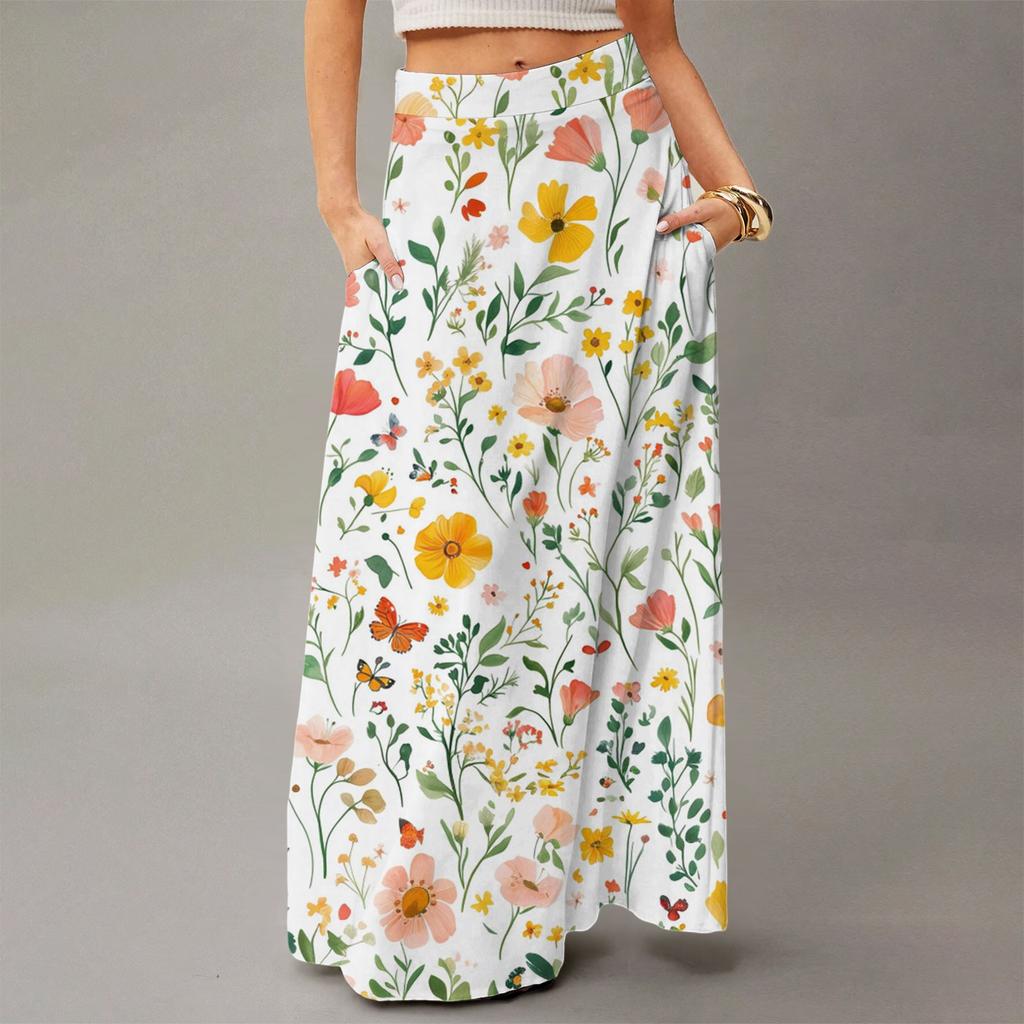 Женская повседневная складная юбка макси с цветочным принтом, высокой талией и карманом, с драпировкой