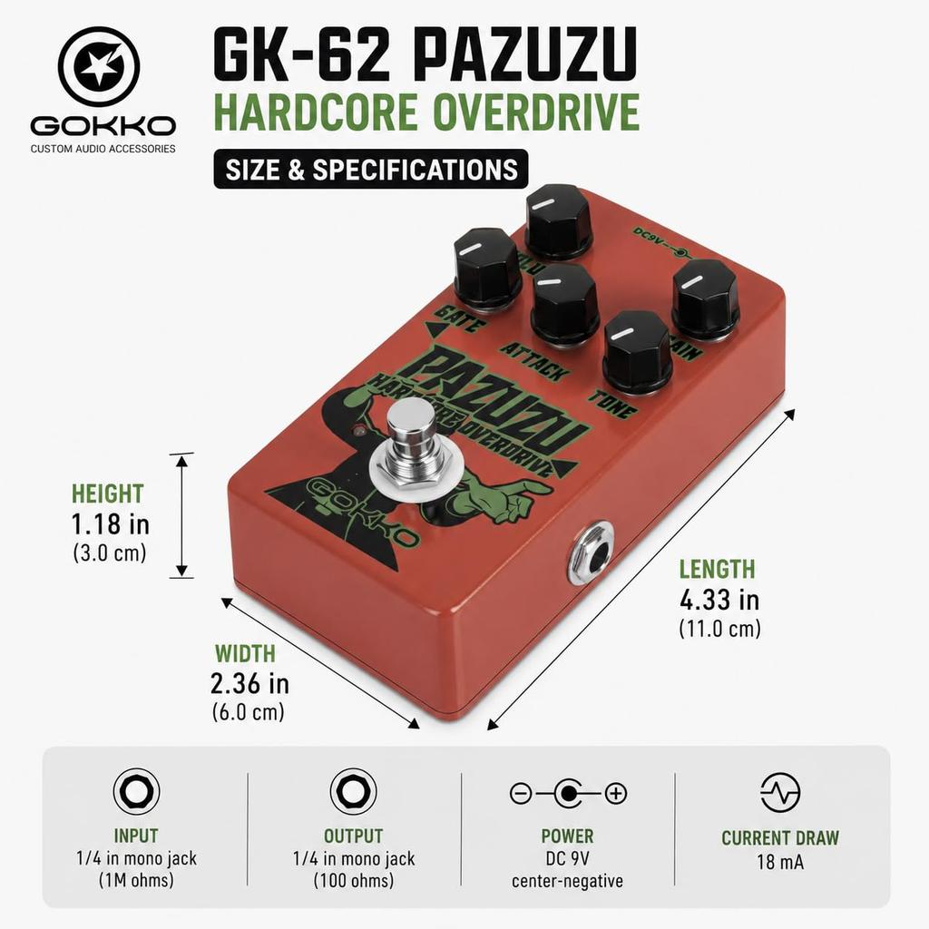 GOKKO OVERDRIVE Педаль овердрайва с шумом Идеальна для гитаристов, ищущих широкий диапазон овердрайва GK-62 - встроенный шумоподавитель с несколькими режимами. тона.