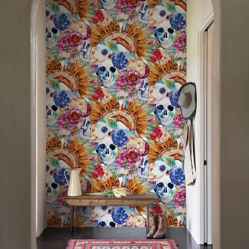 Красочные Черепа Цветочные Хэллоуин Обои Шикарный Желтый Цветок Самоклеящиеся Фестивальный Декор Стен Скелеты Наклейка на Шкаф