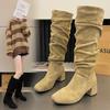 Женские сапоги цвета хаки из замши 2024 года, осень-зима, новые стильные высокие сапоги с квадратным носком, женские удобные современные сапоги на толстом каблуке Zapatos