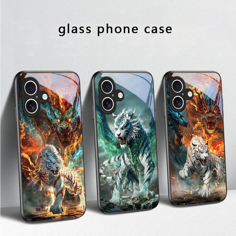 Огромный дракон и тигр Для iPhone 17 Air 16 E 15 Plus 14 Pro Max 13 12 mini 11 5 6 7 8 Plus XR XS Max SE Черный стеклянный чехол для телефона