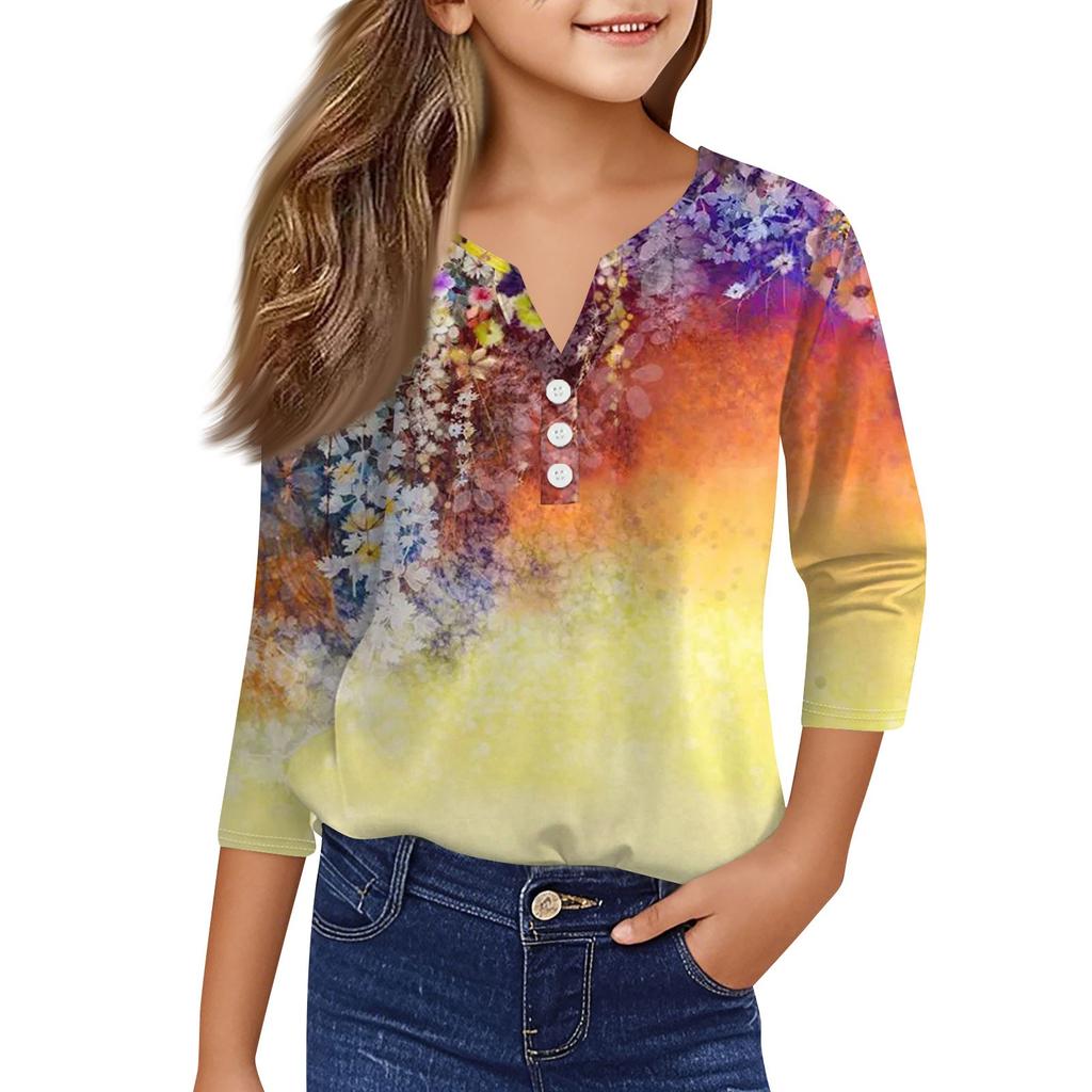 Повседневные модные топы для девочек с принтом, футболка с семью рукавами и пуговицами